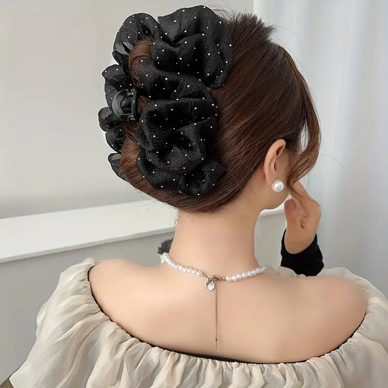 Mesh Bow Bubble Hair Claw Clip With Rhinestones