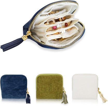 Portable Travel Jewelry Case Pouches for Crystals Bracelets Rings—White Tassel