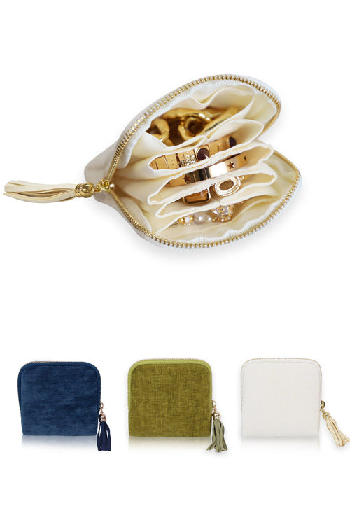 Portable Travel Jewelry Case Pouches for Crystals Bracelets Rings—White Tassel