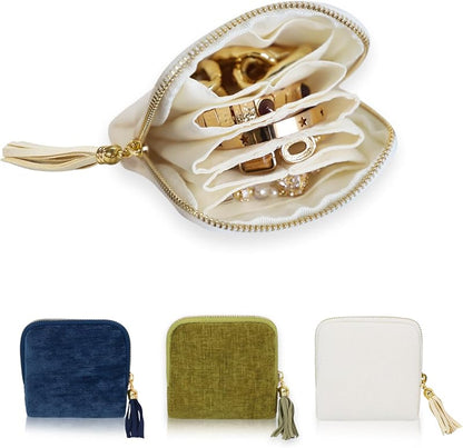Portable Travel Jewelry Case Pouches for Crystals Bracelets Rings—White Tassel