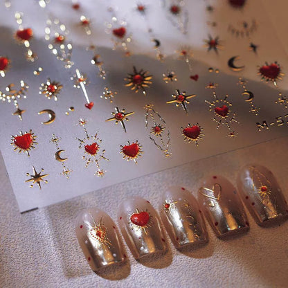Gold Star Moon Nail Art Stickers Galaxy with Red Hearts Embossed Decals M527