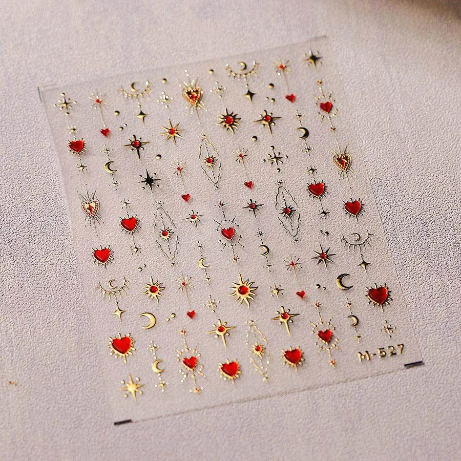 Gold Star Moon Nail Art Stickers Galaxy with Red Hearts Embossed Decals M527