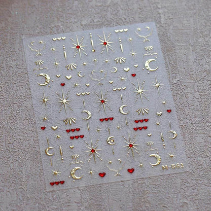 Gold Star Moon Nail Art Stickers Galaxy with Red Hearts Embossed Decals M527