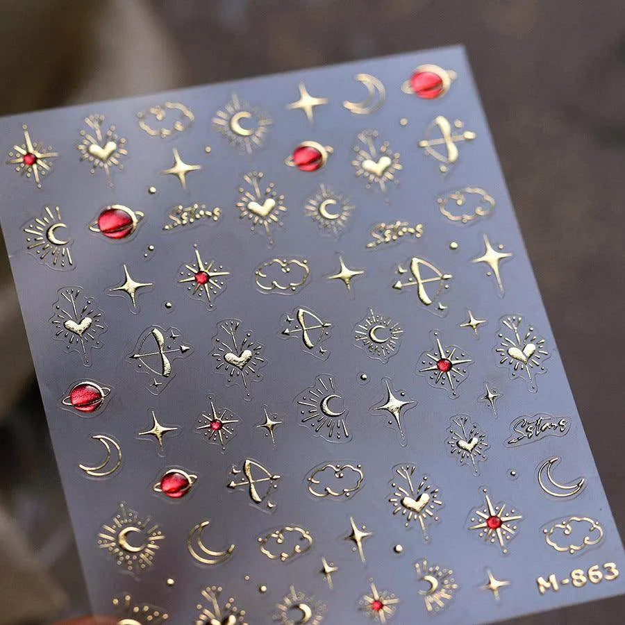 Gold Star Moon Nail Art Stickers Galaxy with Red Hearts Embossed Decals M527